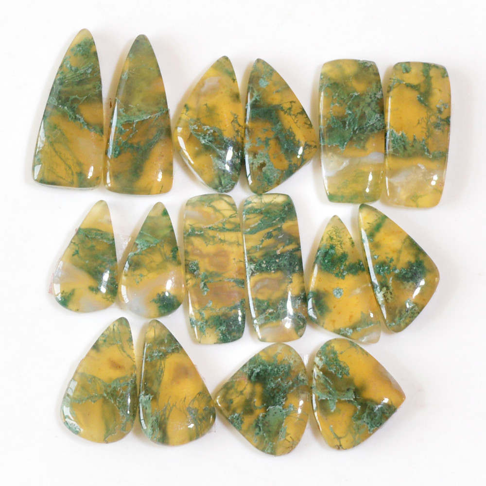 Image of 8 Pairs 142 Cts Natural Green Moss Agate Cabochon Gemstone Dangle Earrings Pairs Lot 25x9 17x9mm #18808