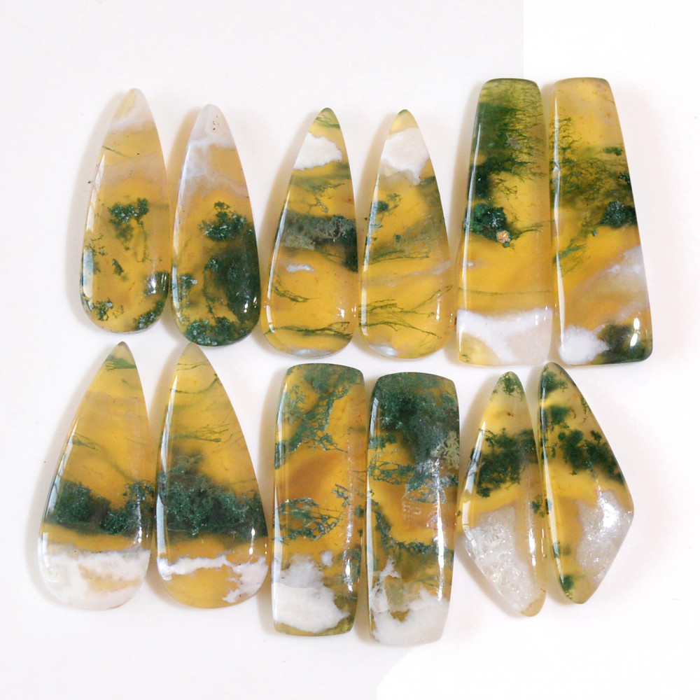 Image of 6 Pairs 136 Cts Natural Green Moss Agate Cabochon Gemstone Dangle Earrings Pairs Lot 30x8 24x7mm #18810