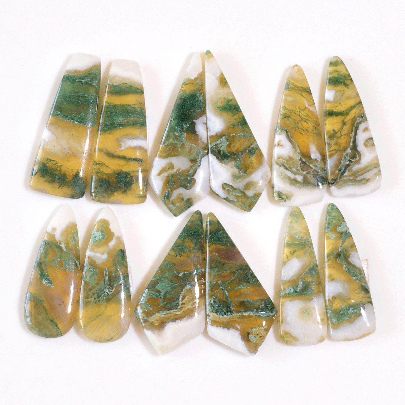 6 Pairs 135 Cts Natural Green Moss Agate Cabochon Gemstone Dangle Earrings Pairs Lot 33x11 27x8mm 18812