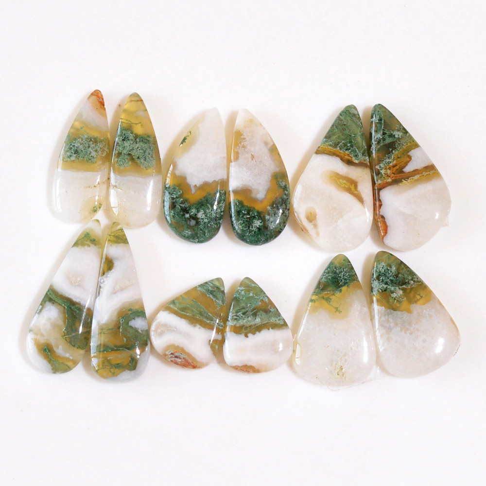 Image of 6 Pairs 107 Cts Natural Green Moss Agate Cabochon Gemstone Dangle Earrings Pairs Lot 25x8 14x10mm #18813