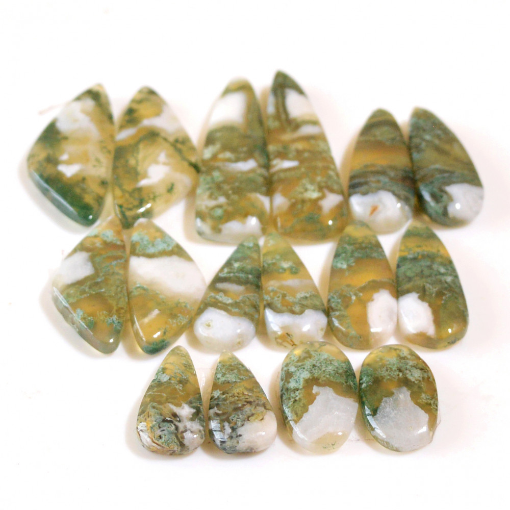 Image of 8 Pairs 128 Cts Natural Green Moss Agate Cabochon Gemstone Dangle Earrings Pairs Lot 32x8 11x7mm #18817