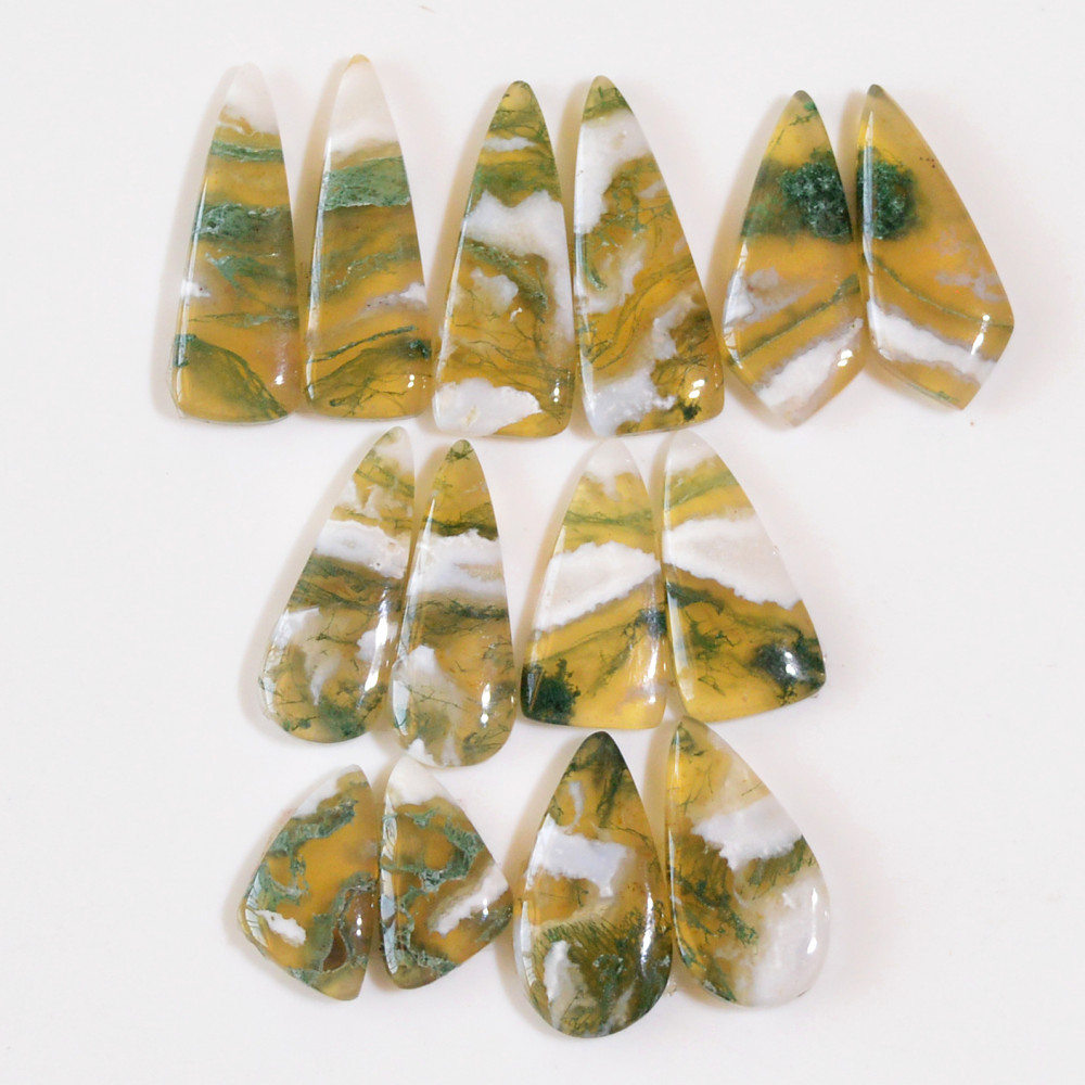 Image of 7 Pairs 129 Cts Natural Green Moss Agate Cabochon Gemstone Dangle Earrings Pairs Lot 27x8 16x8mm #18824