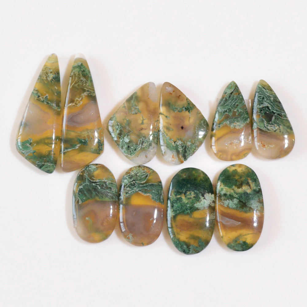 Image of 5 Pairs 88 Cts Natural Green Moss Agate Cabochon Gemstone Dangle Earrings Pairs Lot 27x9 18x8mm #18827