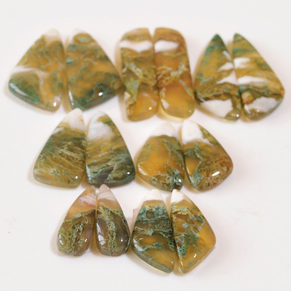 Image of 7 Pairs 149 Cts Natural Green Moss Agate Cabochon Gemstone Dangle Earrings Pairs Lot 31x7 18x6mm #18829
