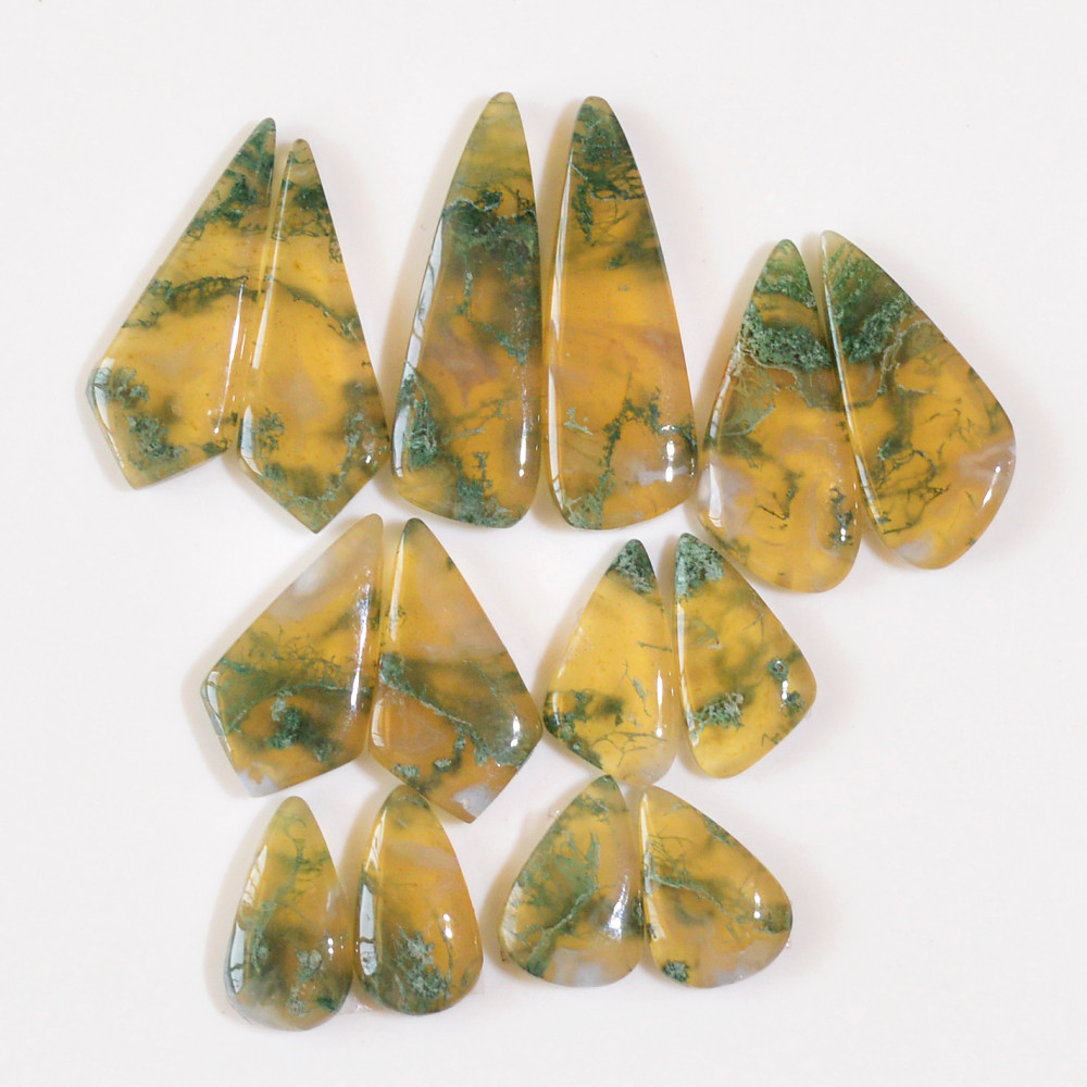 Image of 7 Pairs 149 Cts Natural Green Moss Agate Cabochon Gemstone Dangle Earrings Pairs Lot 34x11 16x8mm #18831
