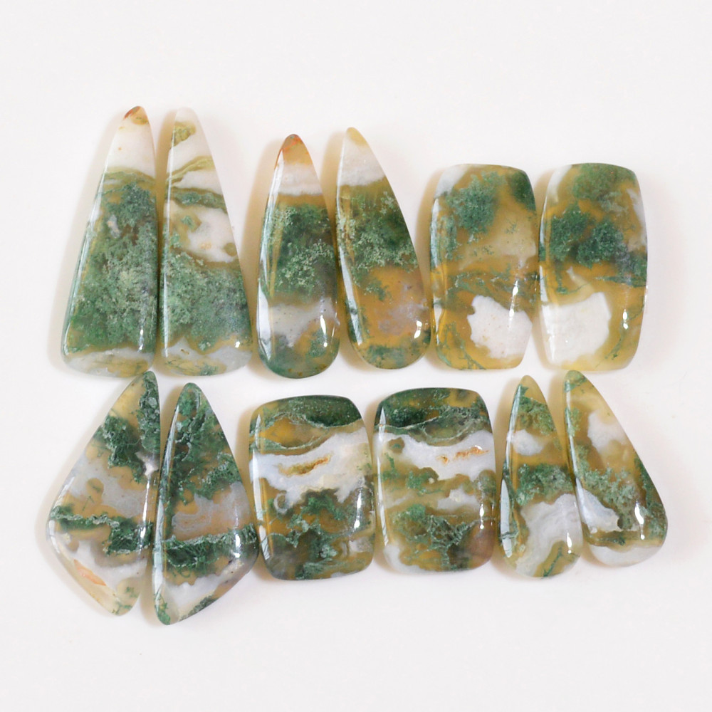 Image of 6 Pairs 145 Cts Natural Green Moss Agate Cabochon Gemstone Dangle Earrings Pairs Lot 30x9 21x7mm #18832
