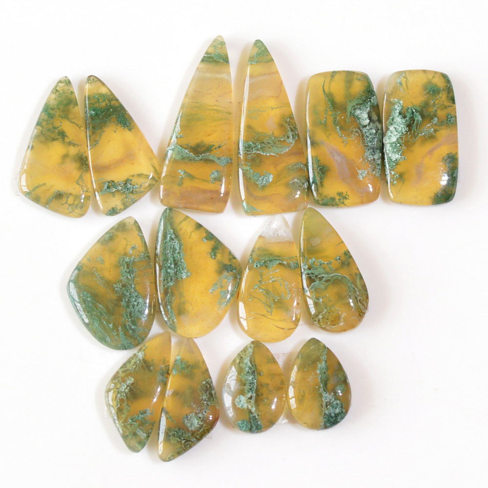 Image of 7 Pairs 128 Cts Natural Moss Agate Cabochon Earrings Pairs For Silver Gemstone Jewelry  28x10 13x9mm #18859