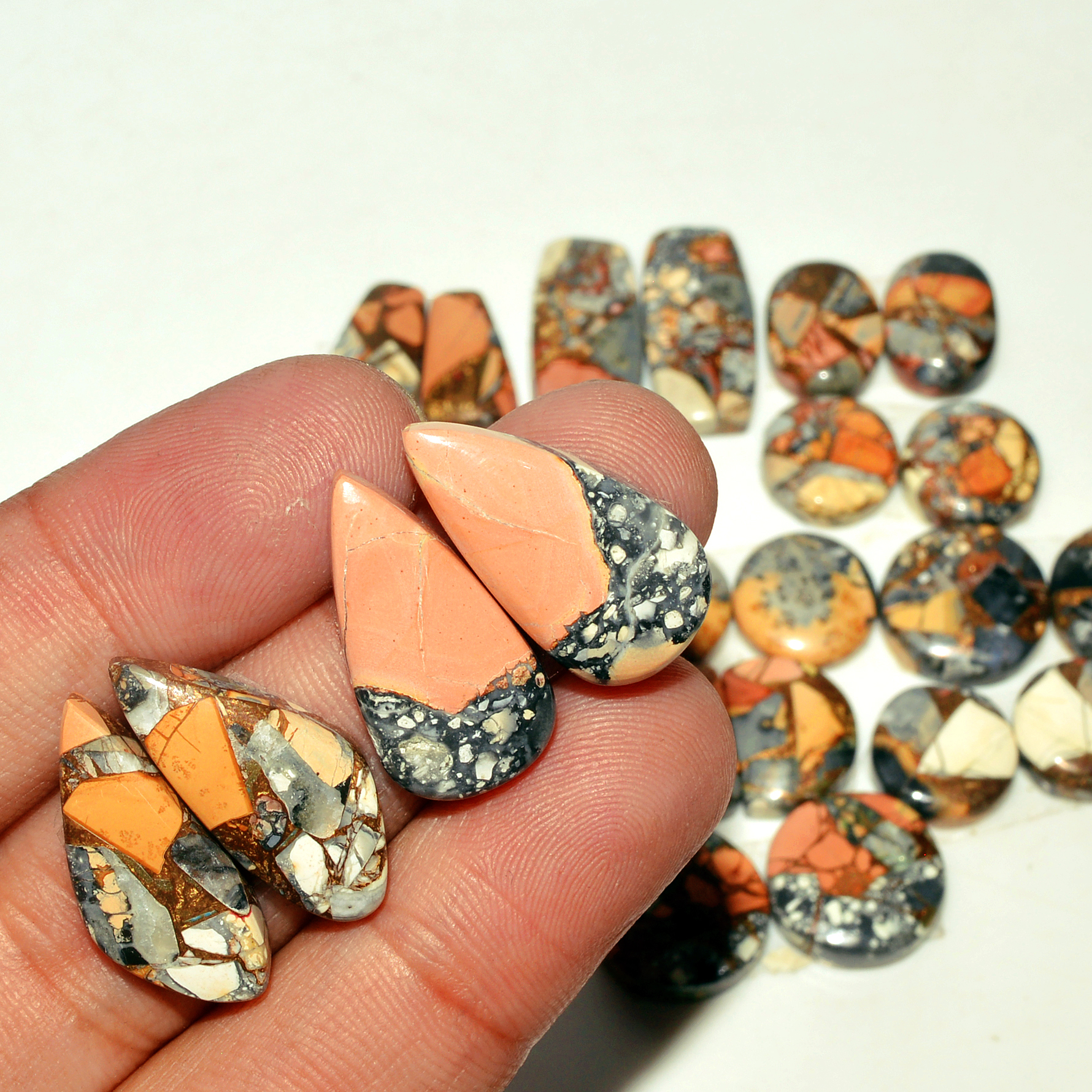 12 Pairs 191 Cts Natural Maligano Jasper Gemstone Cabochon Pair Lot for Silver Earrings 23x10 12x12mm 18887