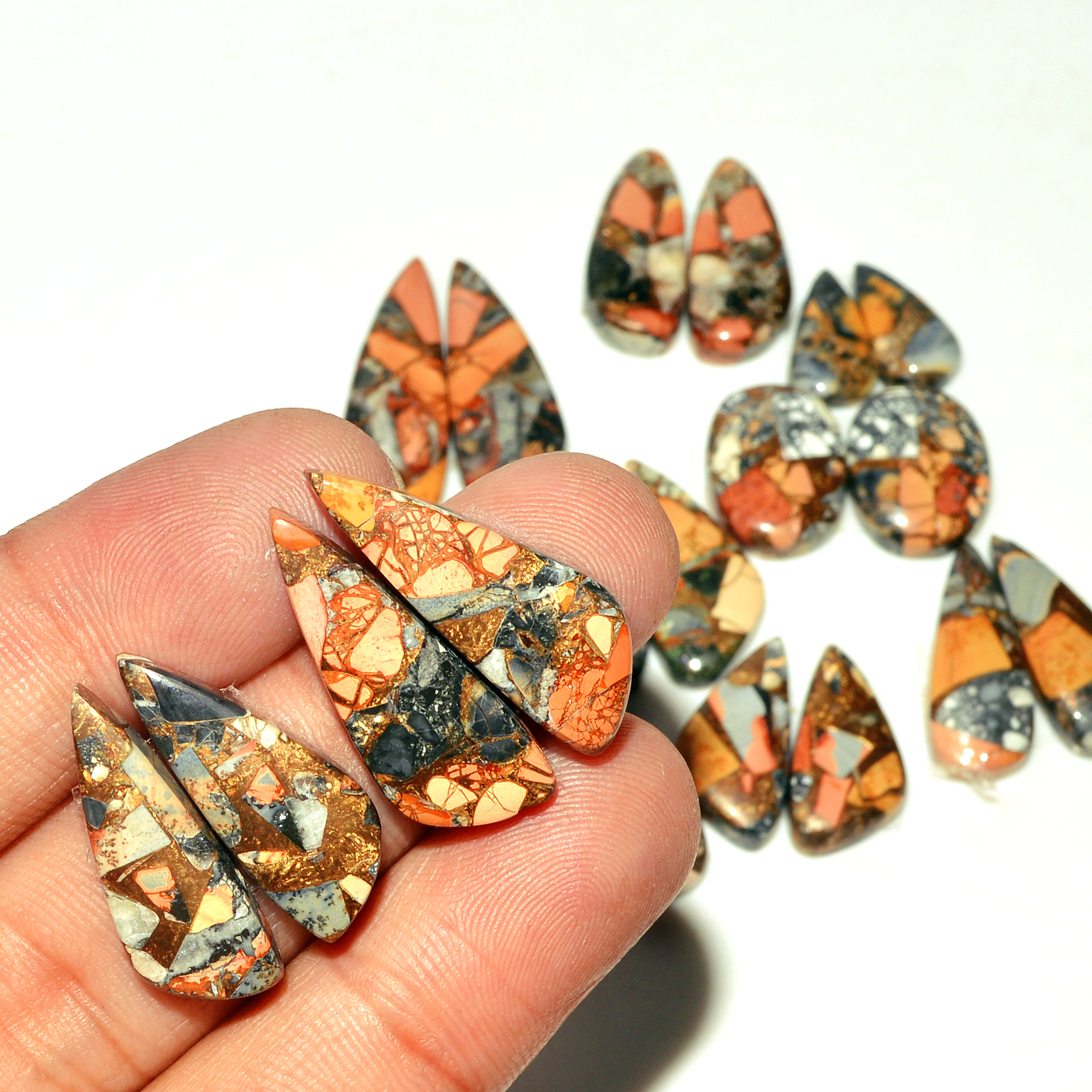10 Pairs 155 Cts Natural Maligano Jasper Gemstone Cabochon Pair Lot for Silver Earrings 30x9 13x7mm 18888