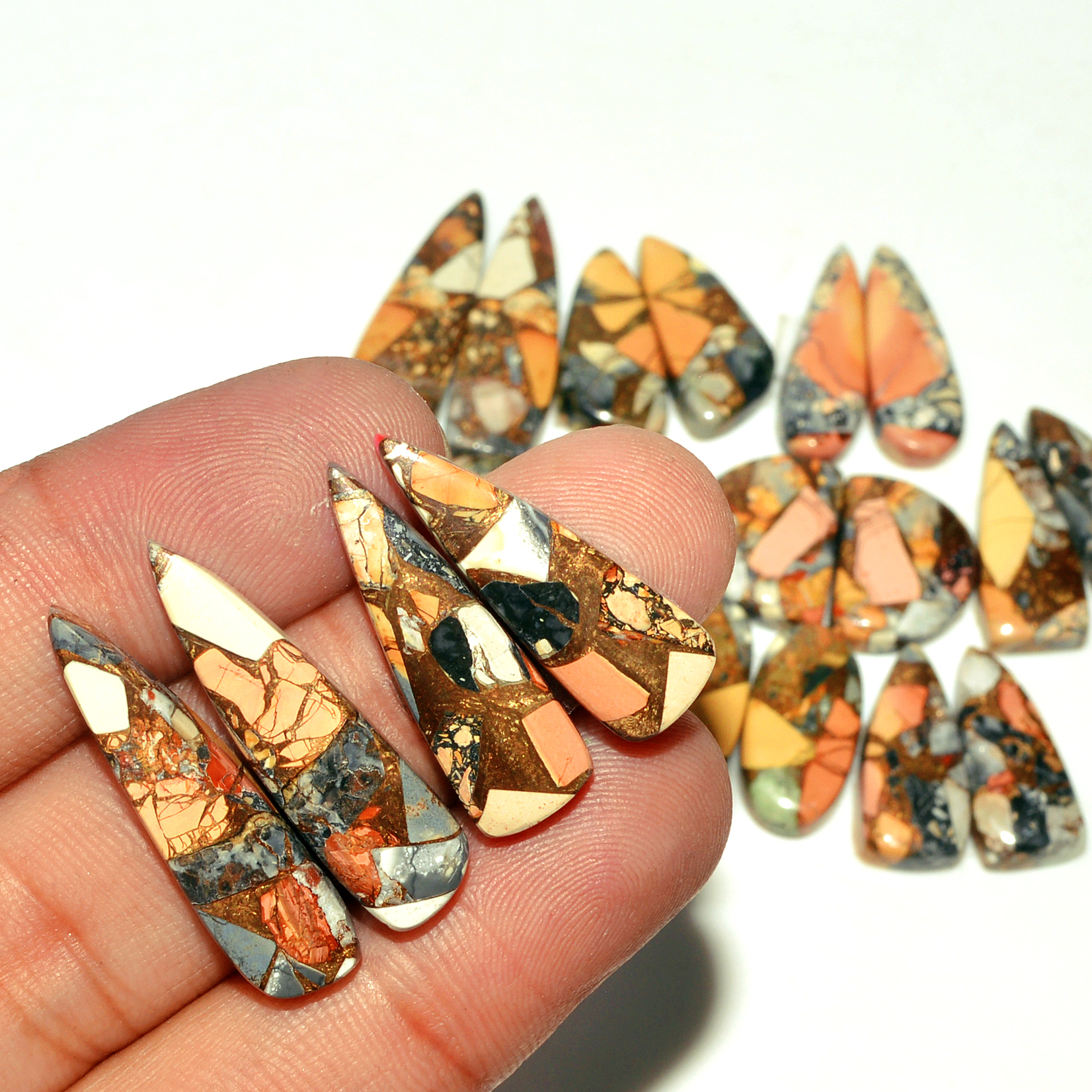 10 Pairs 164 Cts Natural Maligano Jasper Gemstone Cabochon Pair Lot for Silver Earrings 29x8 16x12mm 18890