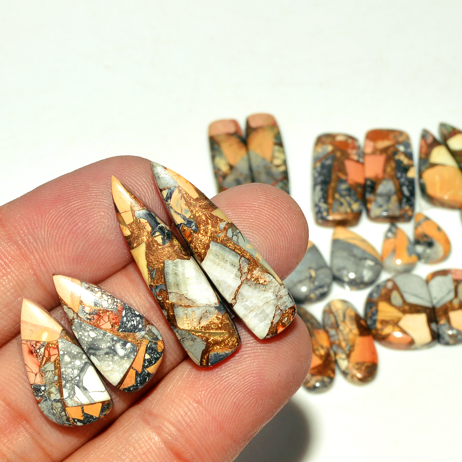 12 Pairs 165 Cts Natural Maligano Jasper Gemstone Cabochon Pair Lot for Silver Earrings 29x7 11x7mm 18891