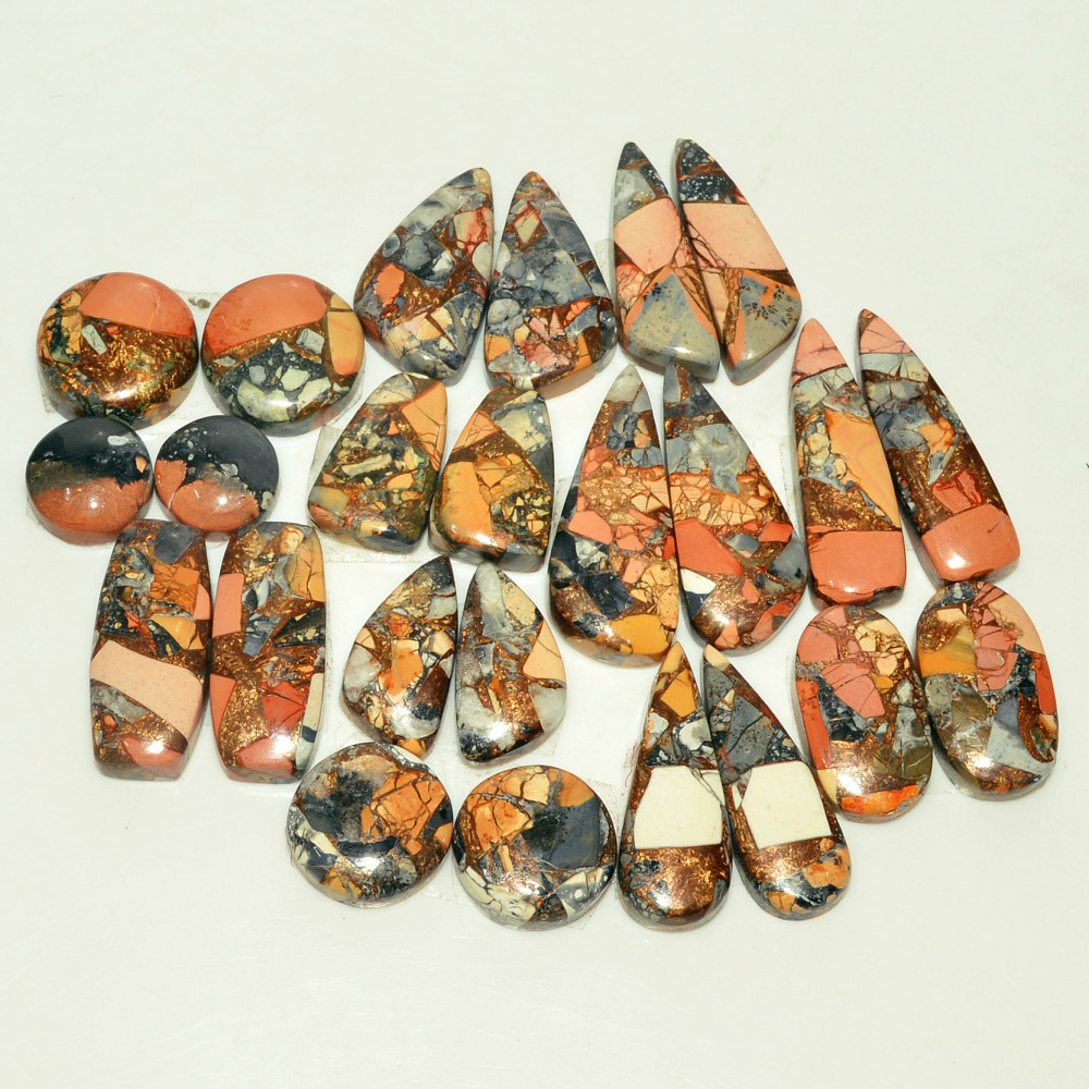 Image of 12 Pairs 172 Cts Natural Maligano Jasper Gemstone Cabochon Pair Lot for Silver Earrings 25x10  10x10mm #18892