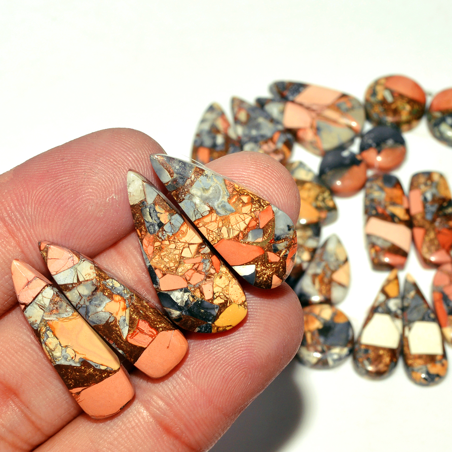 12 Pairs 172 Cts Natural Maligano Jasper Gemstone Cabochon Pair Lot for Silver Earrings 25x10 10x10mm 18892