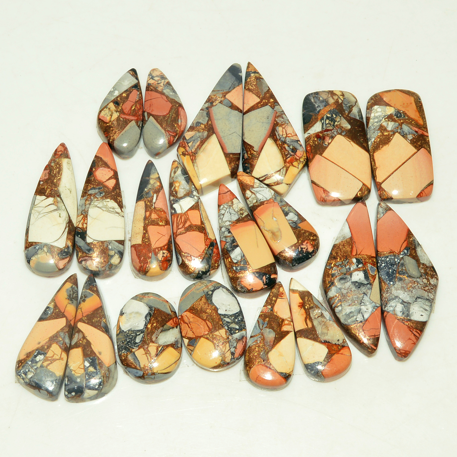 10 Pairs 139 Cts Natural Maligano Jasper Gemstone Cabochon Pair Lot for Silver Earrings 27x10 15x10mm 18893