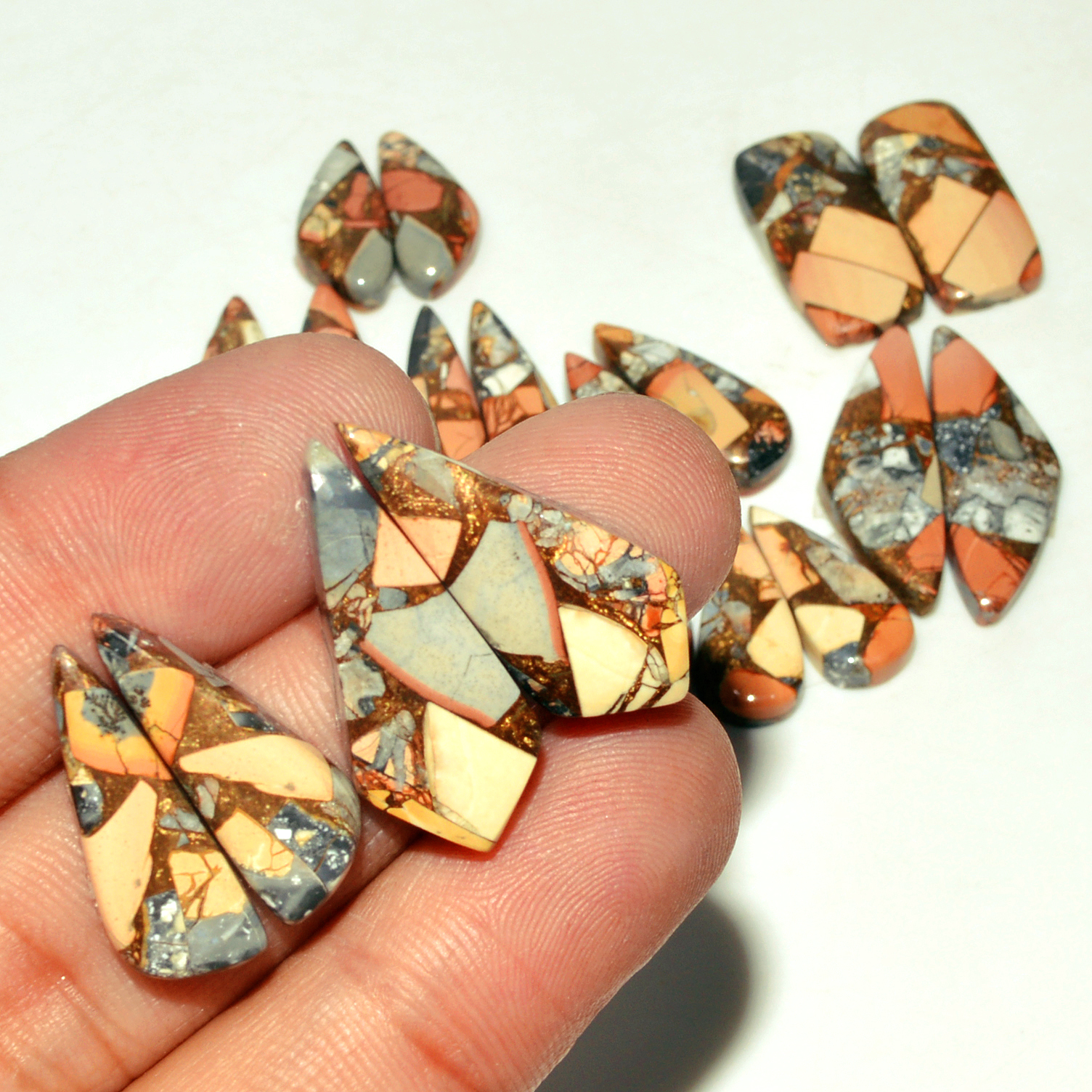 10 Pairs 139 Cts Natural Maligano Jasper Gemstone Cabochon Pair Lot for Silver Earrings 27x10 15x10mm 18893