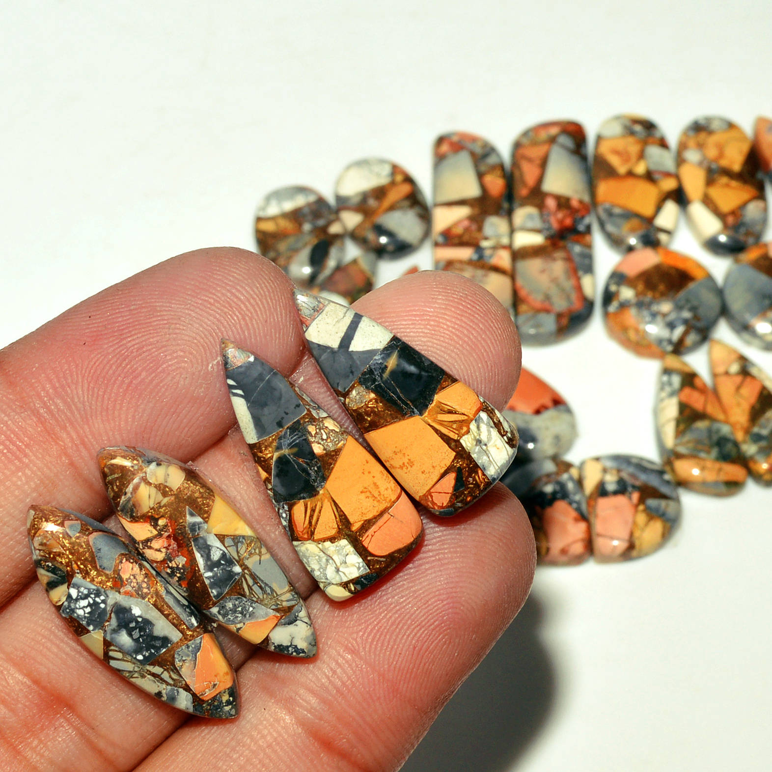 12 Pairs 182 Cts Natural Maligano Jasper Gemstone Cabochon Pair Lot for Silver Earrings 31x9 14x9mm 18894