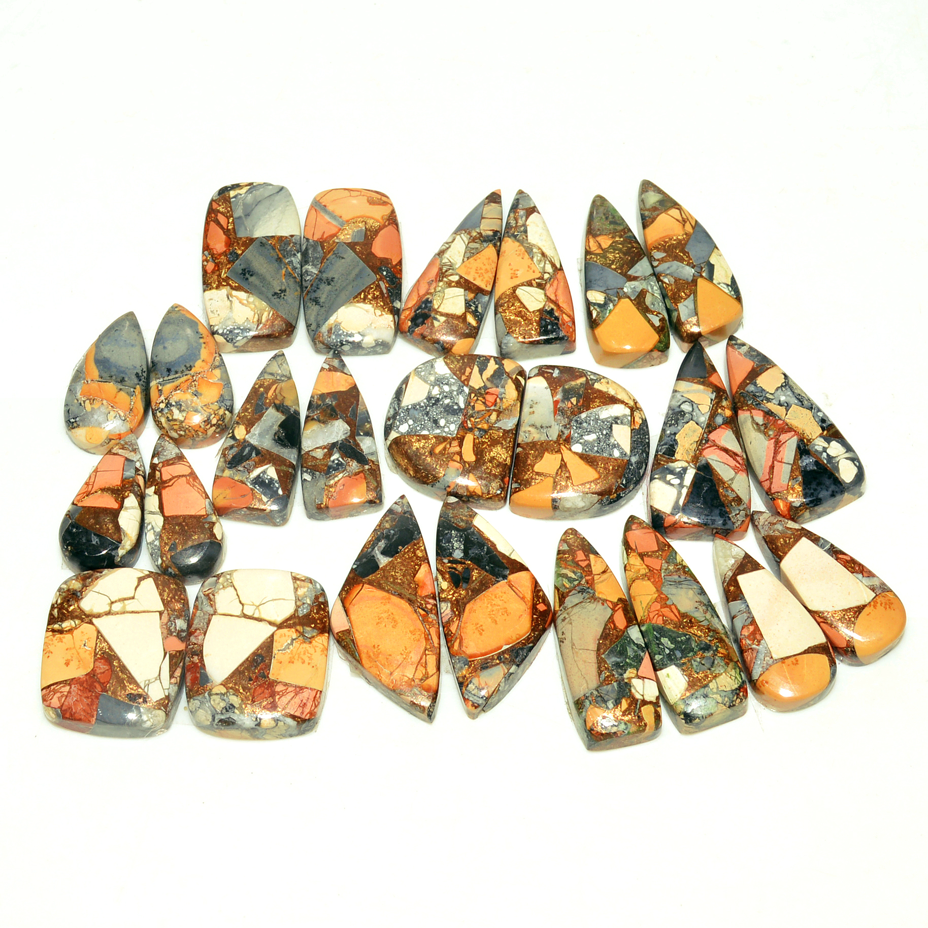 12 Pairs 196 Cts Natural Maligano Jasper Gemstone Cabochon Pair Lot for Silver Earrings 24x8 16x8mm 18895