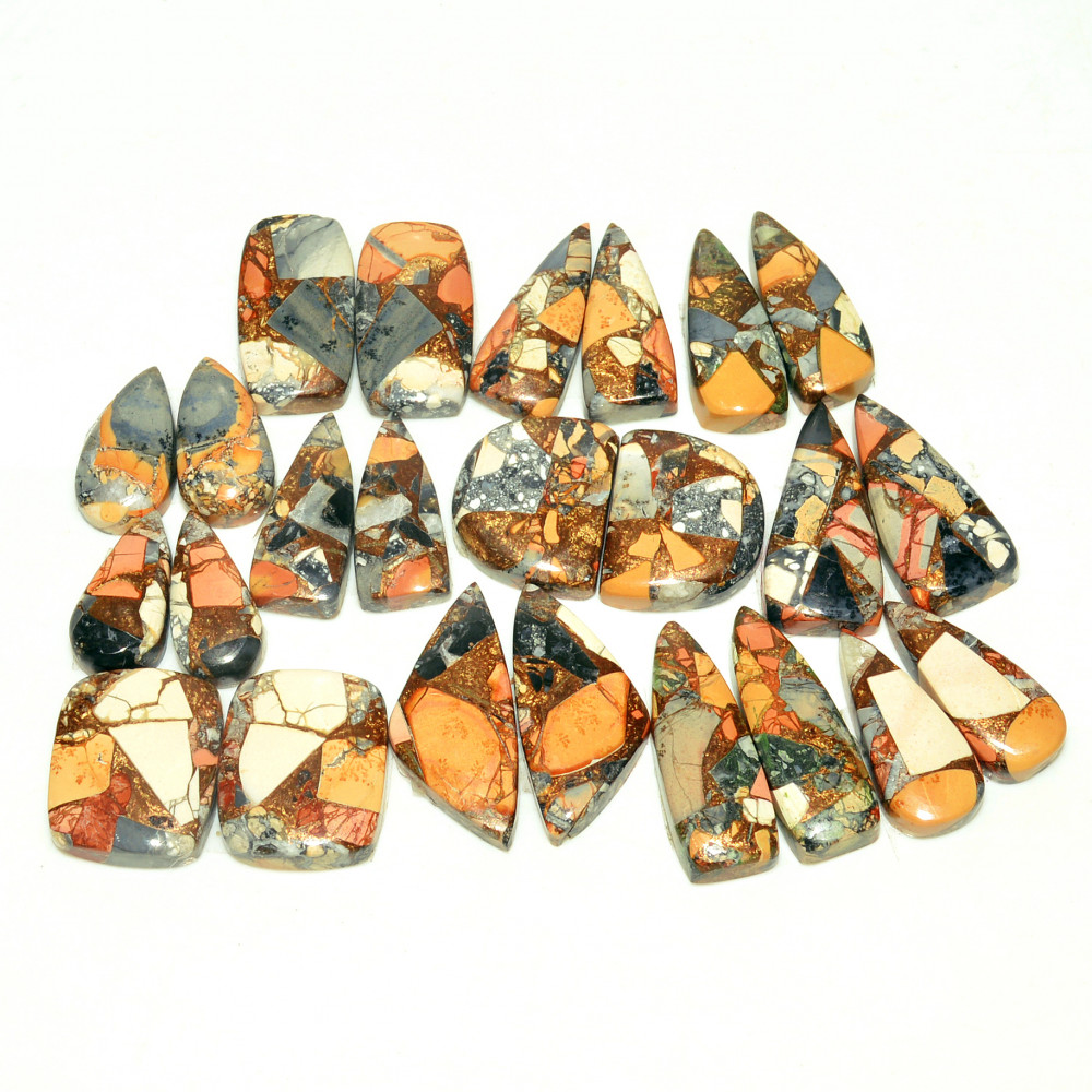 Image of 12 Pairs 196 Cts Natural Maligano Jasper Gemstone Cabochon Pair Lot for Silver Earrings 24x8  16x8mm #18895