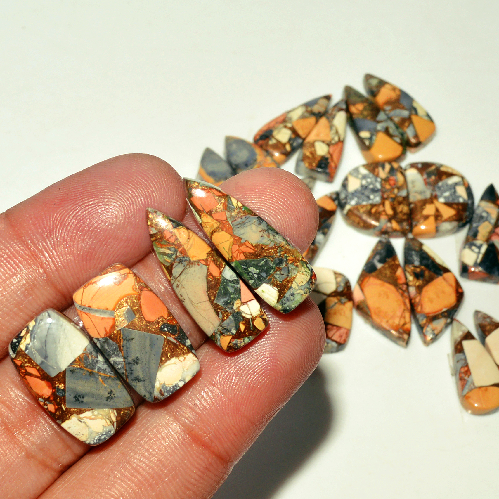 12 Pairs 196 Cts Natural Maligano Jasper Gemstone Cabochon Pair Lot for Silver Earrings 24x8 16x8mm 18895