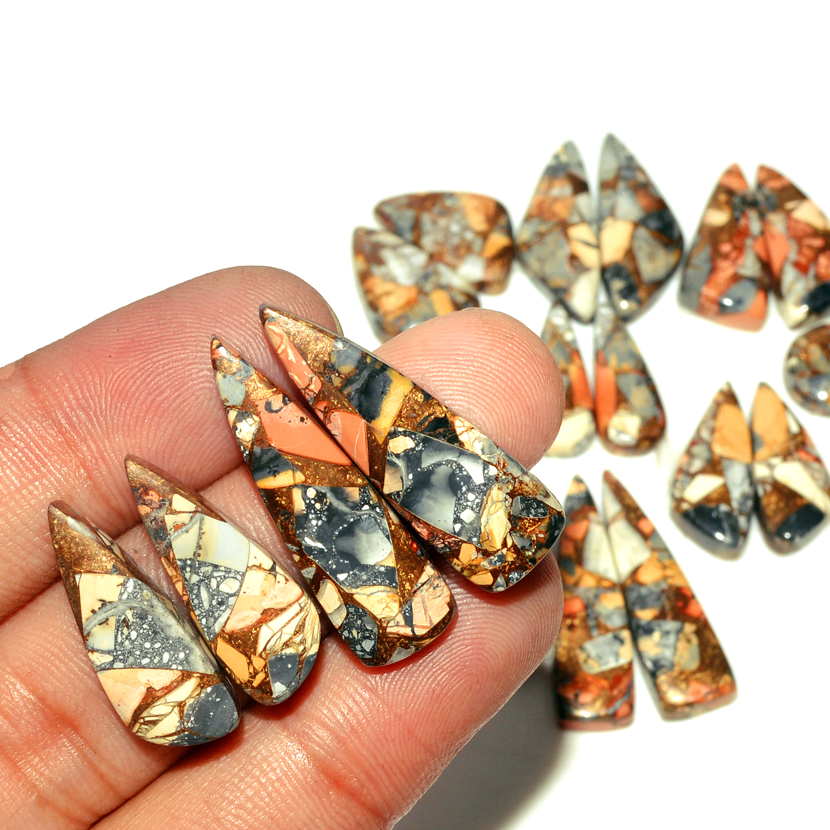 12 Pairs 191 Cts Natural Maligano Jasper Gemstone Cabochon Pair Lot for Silver Earrings 30x9 11x11mm 18897