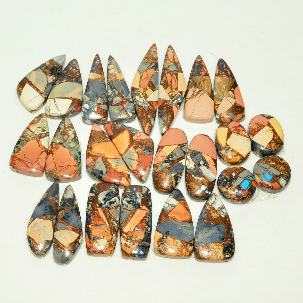 Image of 14 Pairs 204 Cts Natural Maligano Jasper Gemstone Cabochon Pair Lot for Silver Earrings 32x13  10x7mm #18899