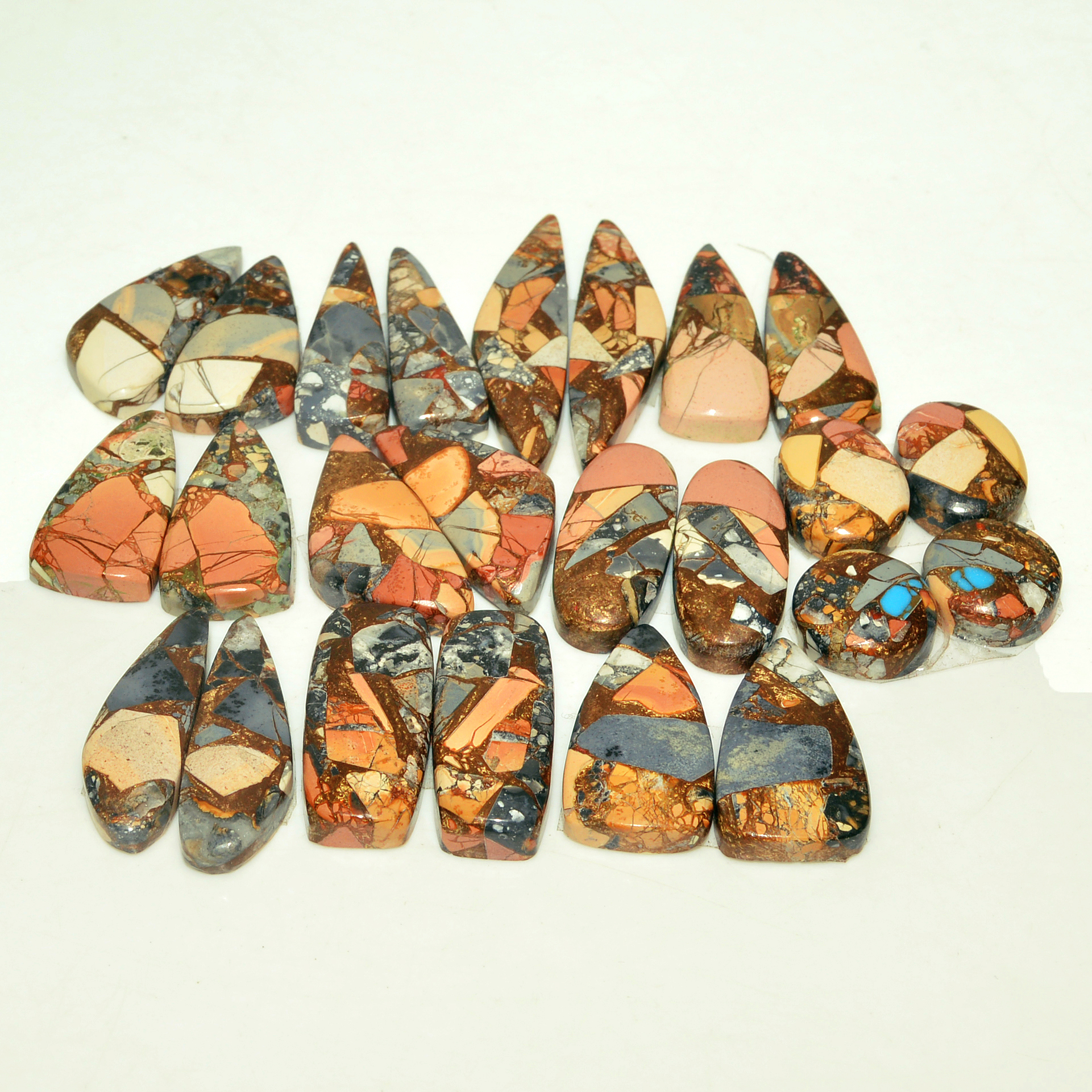 14 Pairs 204 Cts Natural Maligano Jasper Gemstone Cabochon Pair Lot for Silver Earrings 32x13 10x7mm 18899