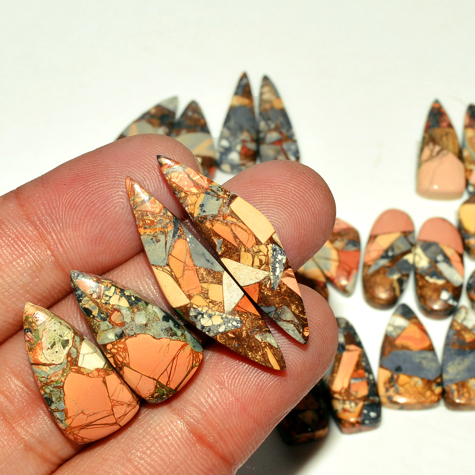 14 Pairs 204 Cts Natural Maligano Jasper Gemstone Cabochon Pair Lot for Silver Earrings 32x13 10x7mm 18899
