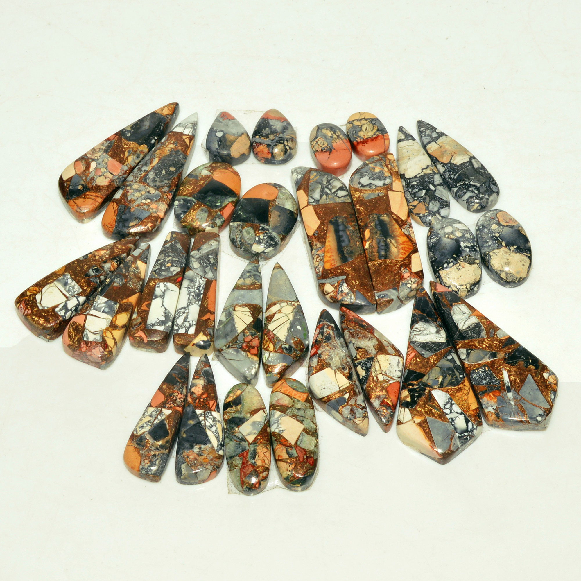 12 Pairs 200 Cts Natural Maligano Jasper Gemstone Cabochon Pair Lot for Silver Earrings 33x8 11x11mm 18898