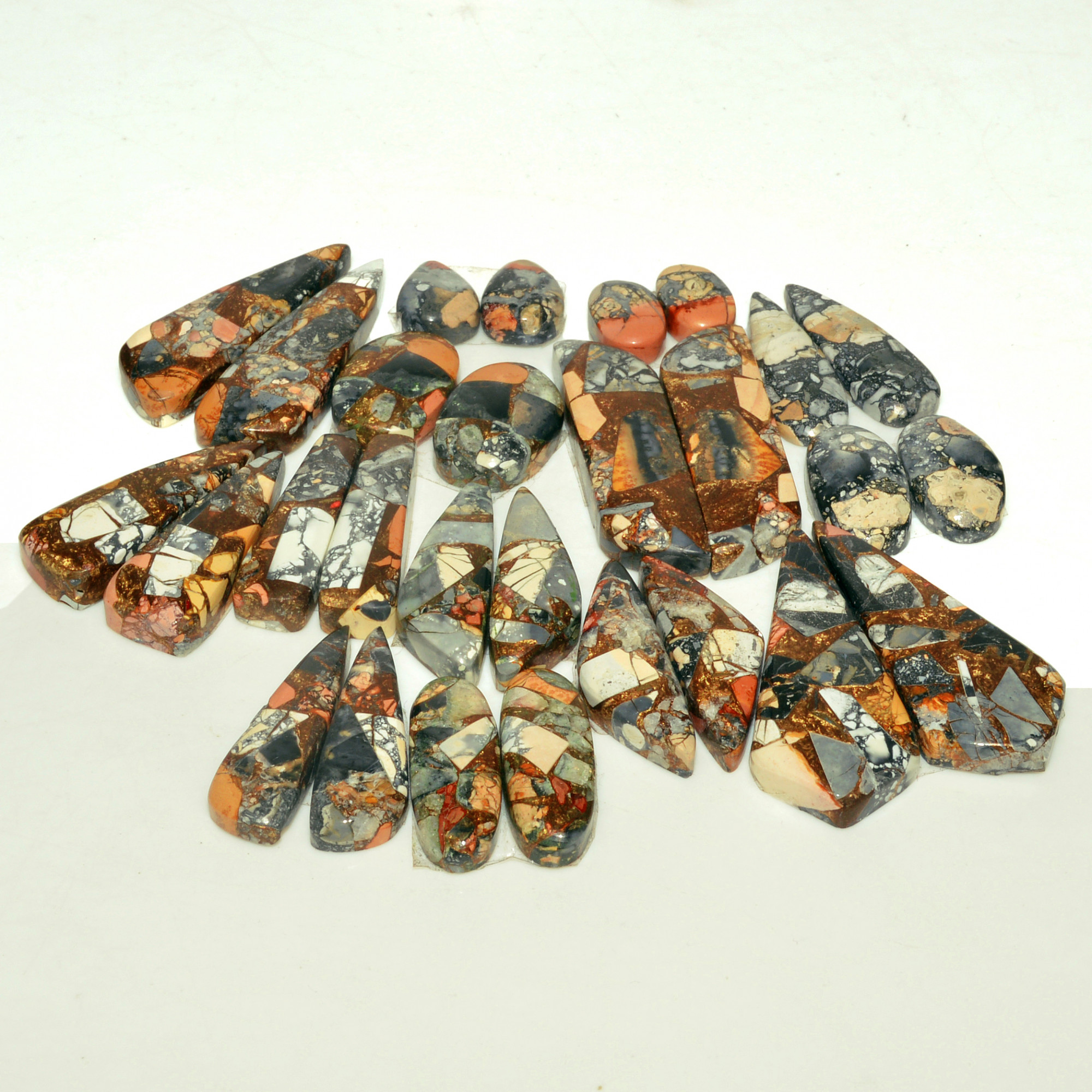 12 Pairs 200 Cts Natural Maligano Jasper Gemstone Cabochon Pair Lot for Silver Earrings 33x8 11x11mm 18898