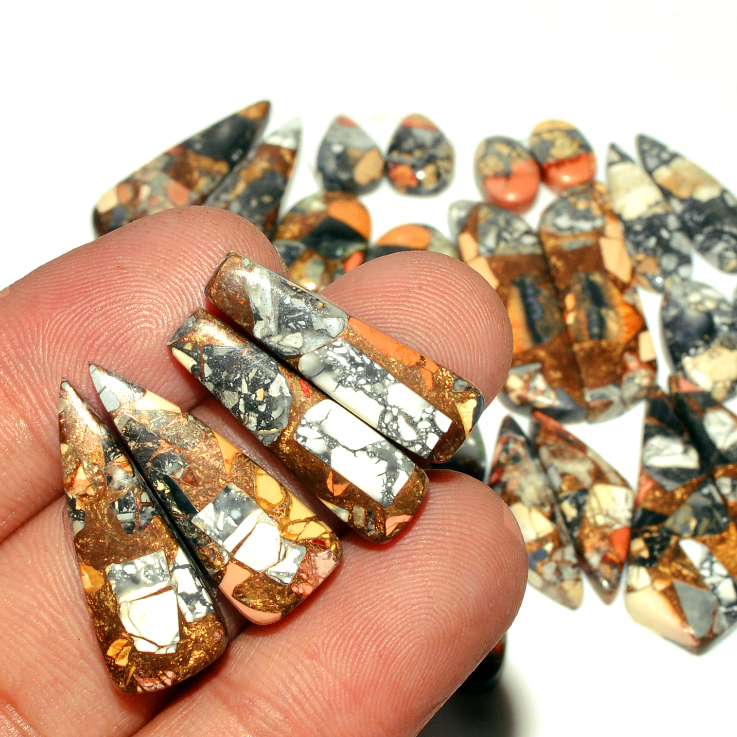 12 Pairs 200 Cts Natural Maligano Jasper Gemstone Cabochon Pair Lot for Silver Earrings 33x8 11x11mm 18898