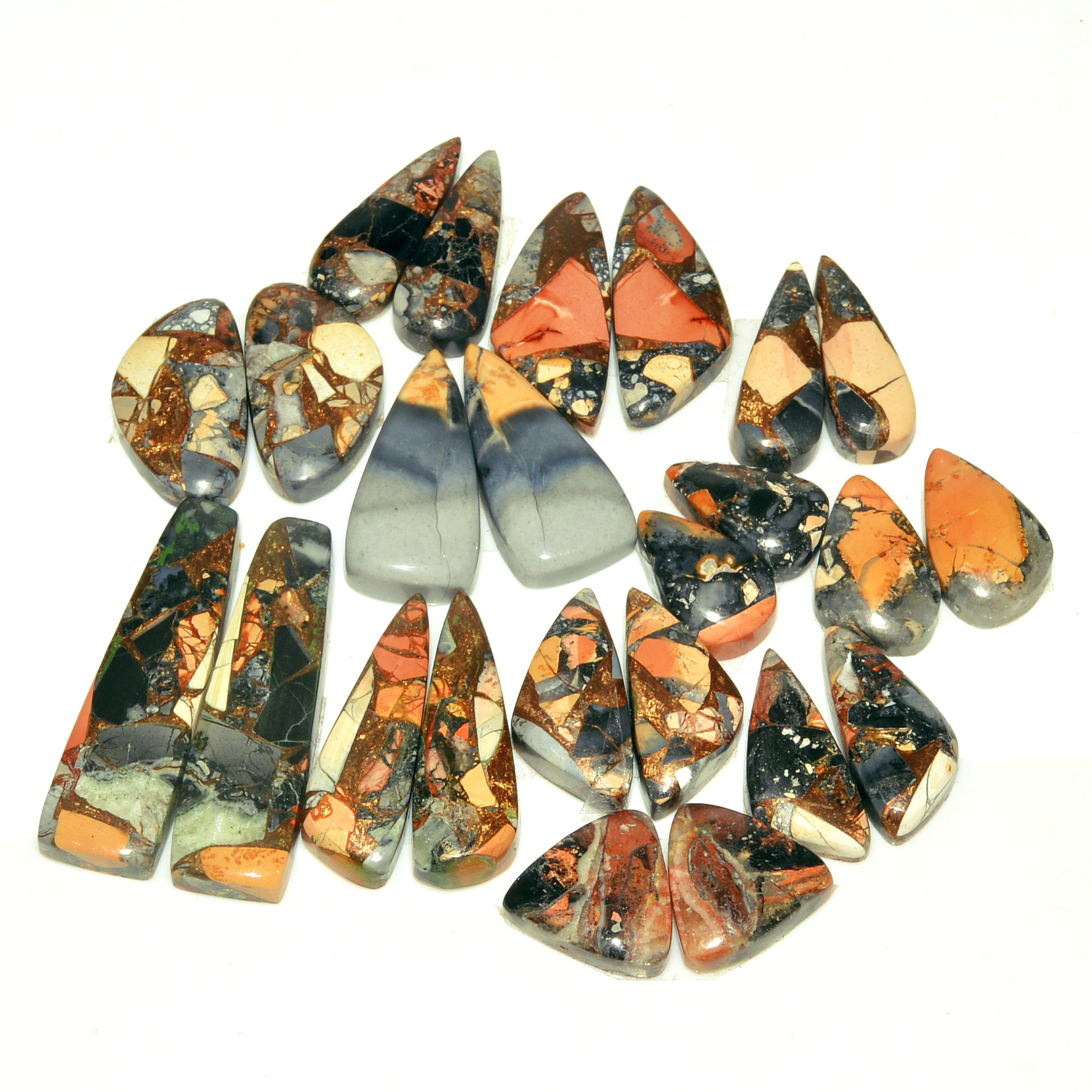 12 Pairs 176 Cts Natural Maligano Jasper Gemstone Cabochon Pair Lot for Silver Earrings 32x9 12x13mm 18900