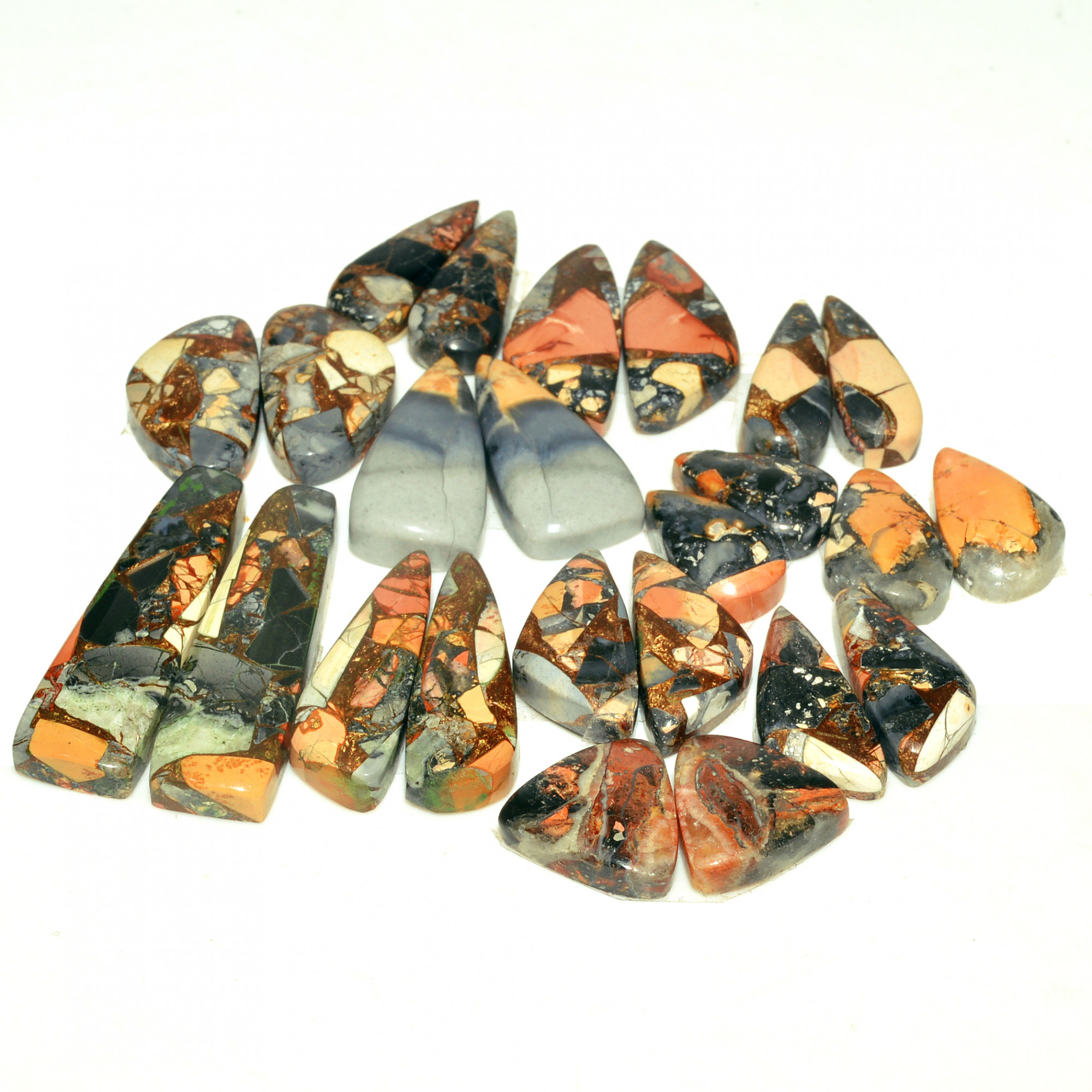 12 Pairs 176 Cts Natural Maligano Jasper Gemstone Cabochon Pair Lot for Silver Earrings 32x9 12x13mm 18900