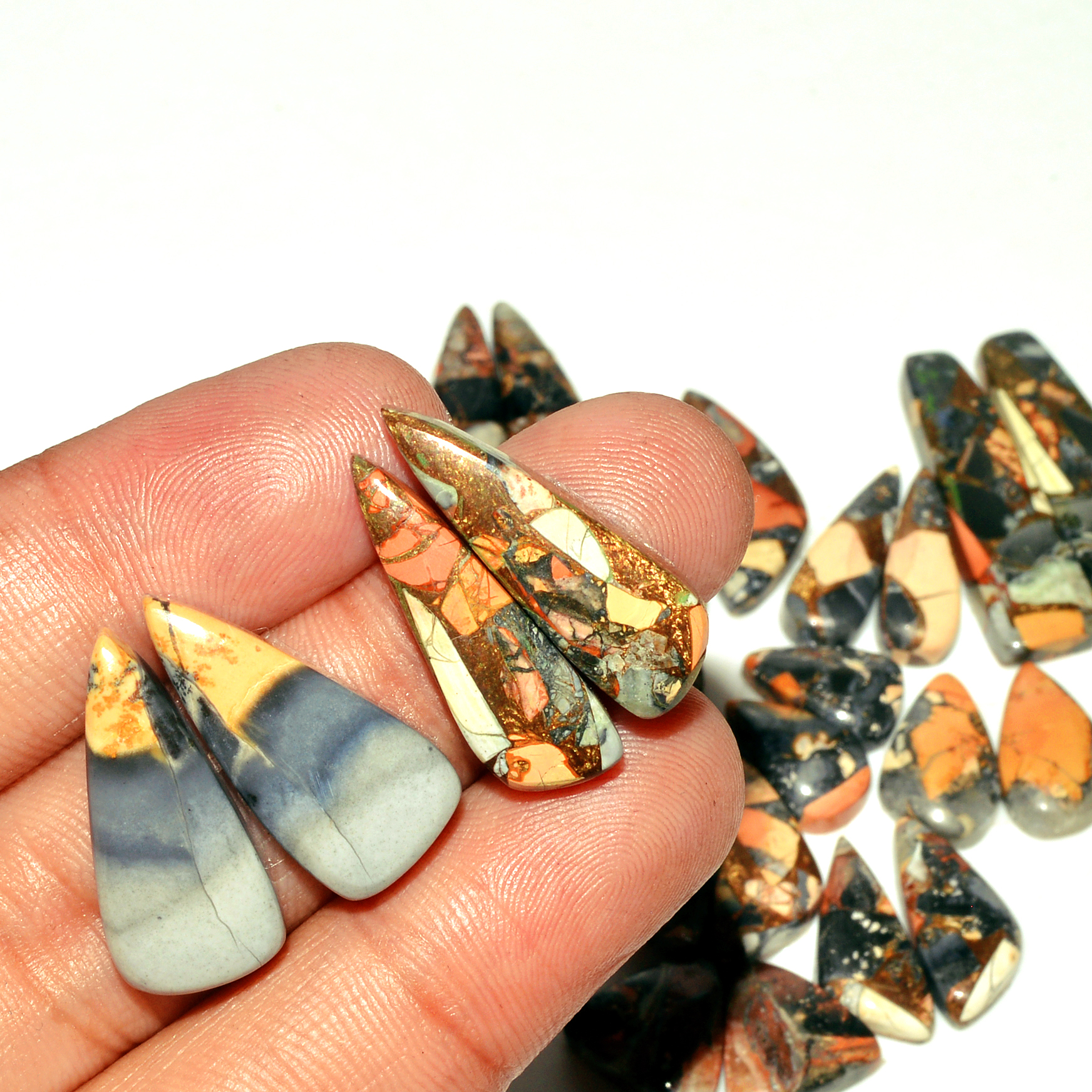 12 Pairs 176 Cts Natural Maligano Jasper Gemstone Cabochon Pair Lot for Silver Earrings 32x9 12x13mm 18900