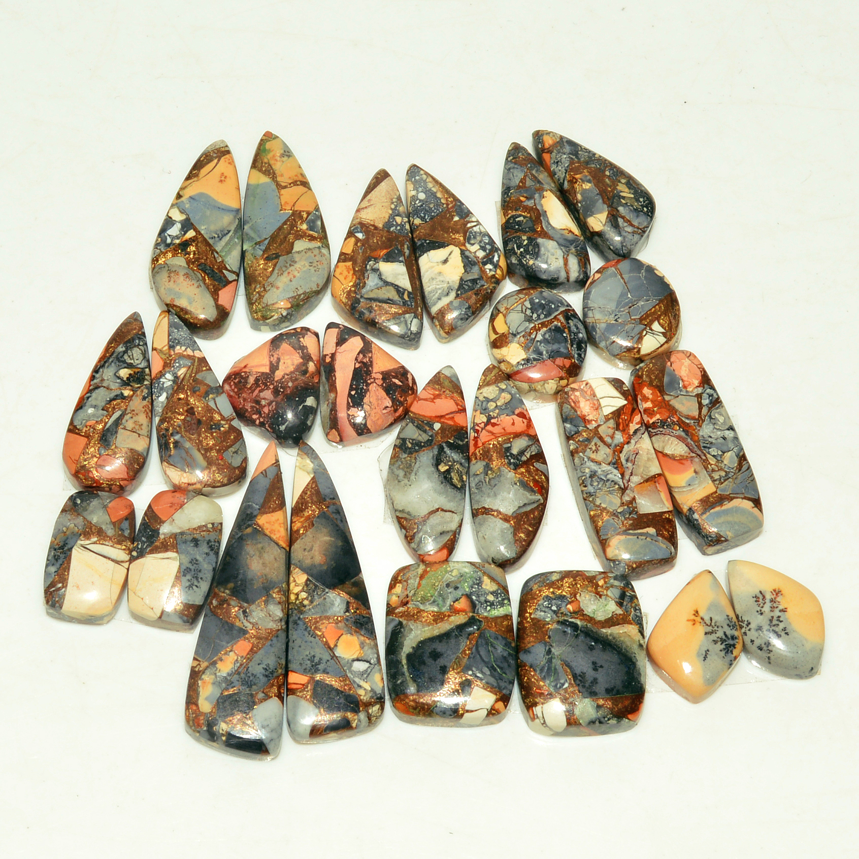 12 Pairs 164 Cts Natural Maligano Jasper Gemstone Cabochon Pair Lot for Silver Earrings 33x9 12x10mm 18901