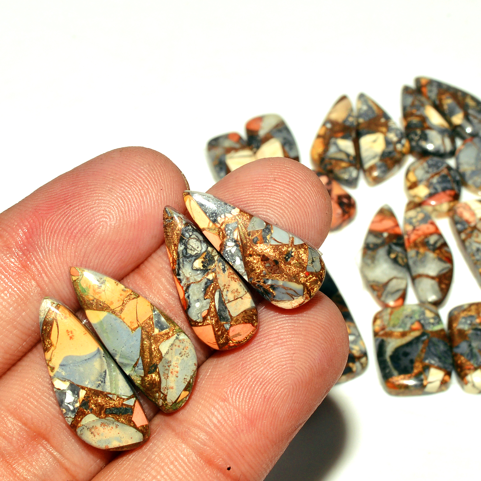 12 Pairs 164 Cts Natural Maligano Jasper Gemstone Cabochon Pair Lot for Silver Earrings 33x9 12x10mm 18901