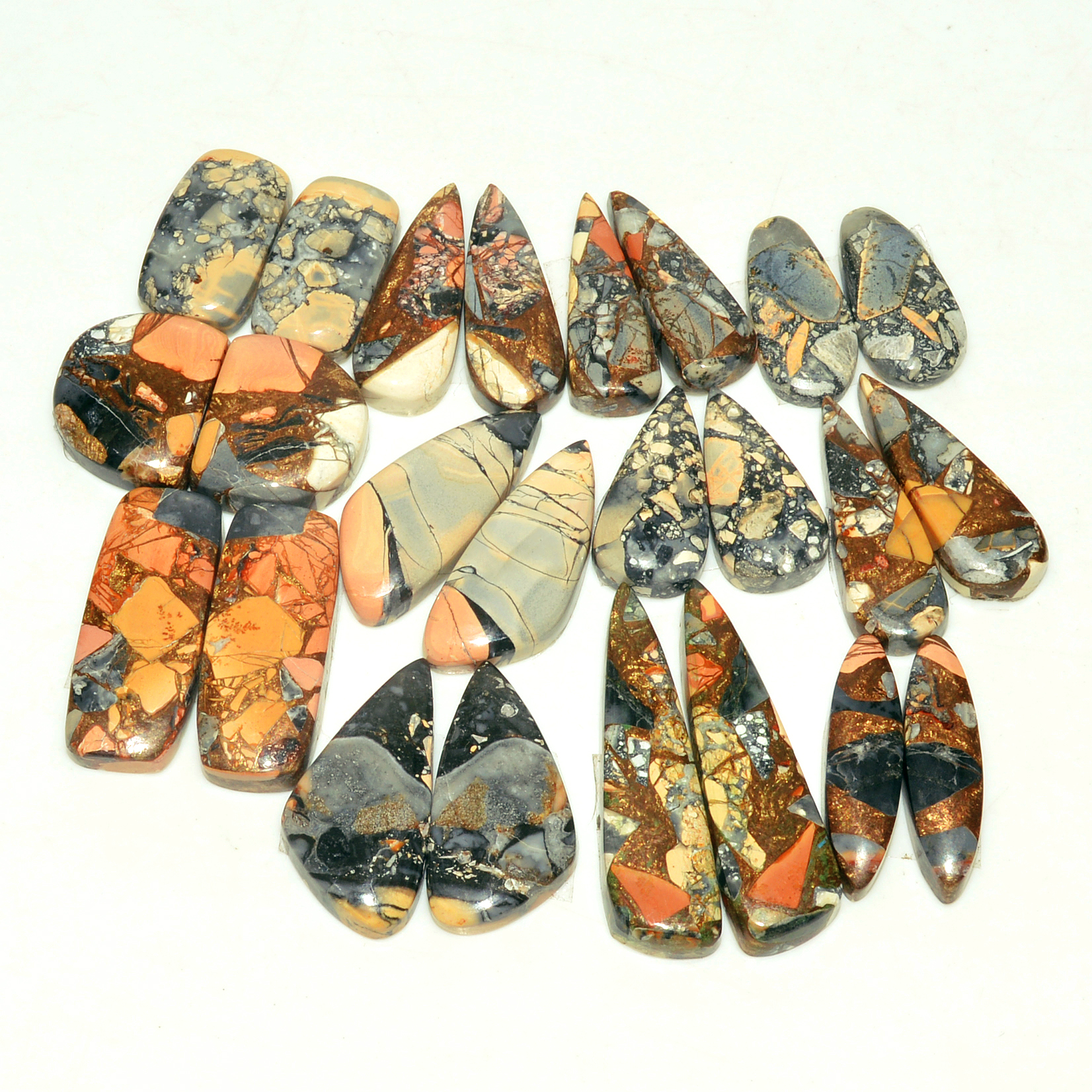 12 Pairs 181 Cts Natural Maligano Jasper Gemstone Cabochon Pair Lot for Silver Earrings 30x8 15x12mm 18902