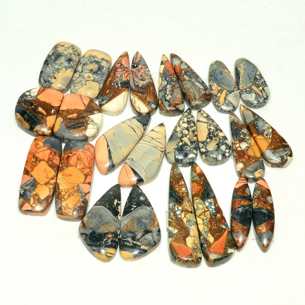 Image of 12 Pairs 181 Cts Natural Maligano Jasper Gemstone Cabochon Pair Lot for Silver Earrings 30x8  15x12mm #18902
