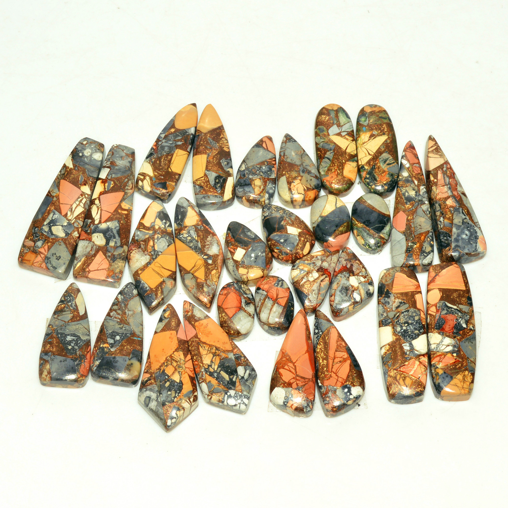 14 Pairs 203 Cts Natural Maligano Jasper Gemstone Cabochon Pair Lot for Silver Earrings 30x9 11x7mm 18903