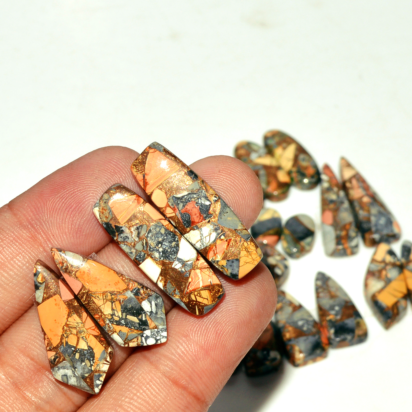 14 Pairs 203 Cts Natural Maligano Jasper Gemstone Cabochon Pair Lot for Silver Earrings 30x9 11x7mm 18903