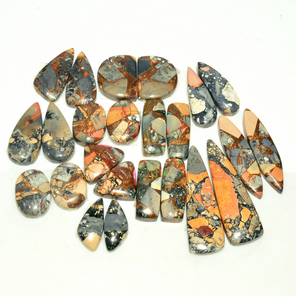Image of 12 Pairs 192 Cts Natural Maligano Jasper Gemstone Cabochon Pair Lot for Silver Earrings 36x11  14x10mm #18904