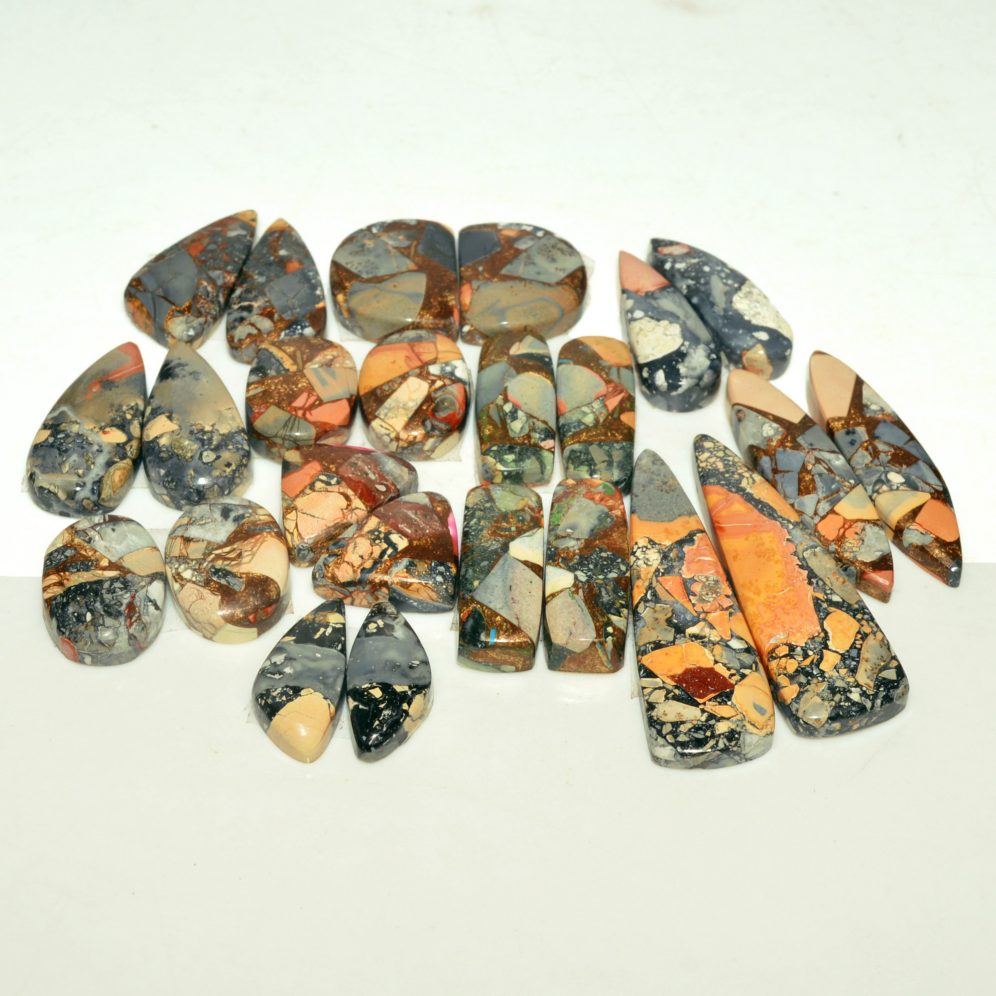 12 Pairs 192 Cts Natural Maligano Jasper Gemstone Cabochon Pair Lot for Silver Earrings 36x11  14x10mm 18904