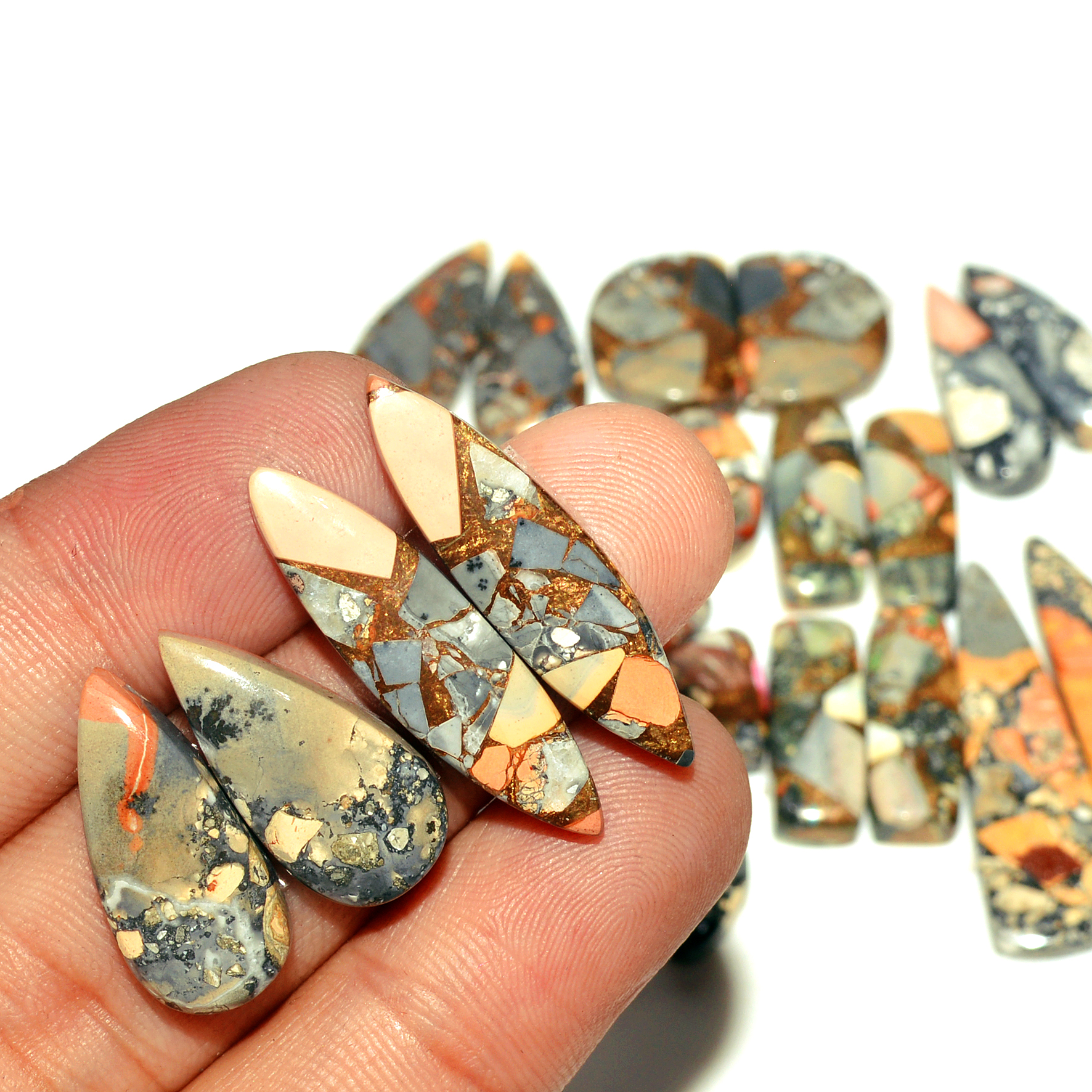 12 Pairs 192 Cts Natural Maligano Jasper Gemstone Cabochon Pair Lot for Silver Earrings 36x11 14x10mm 18904