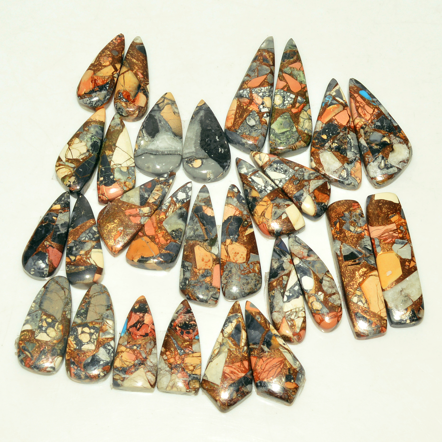 14 Pairs 224 Cts Natural Maligano Jasper Gemstone Cabochon Pair Lot for Silver Earrings 31x8 20x9mm 18905