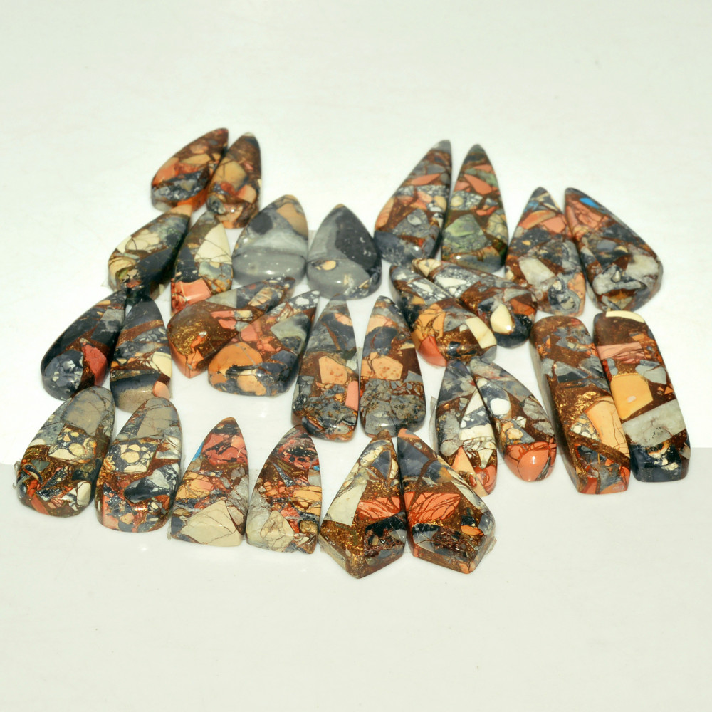 Image of 14 Pairs 224 Cts Natural Maligano Jasper Gemstone Cabochon Pair Lot for Silver Earrings 31x8  20x9mm #18905