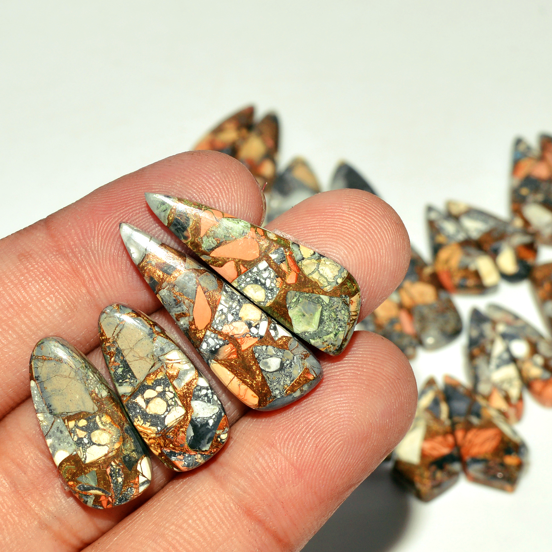 14 Pairs 224 Cts Natural Maligano Jasper Gemstone Cabochon Pair Lot for Silver Earrings 31x8 20x9mm 18905