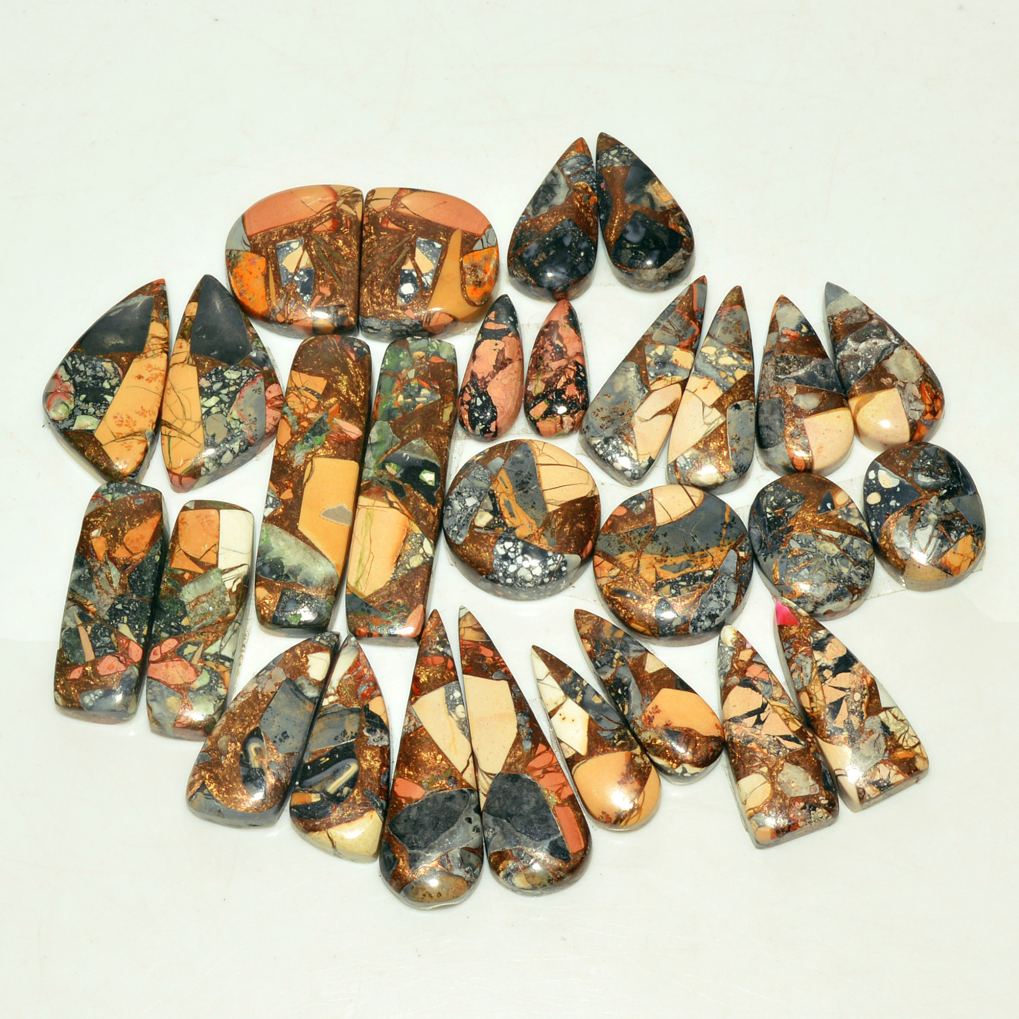 14 Pairs 209 Cts Natural Maligano Jasper Gemstone Cabochon Pair Lot for Silver Earrings 29x8  14x6mm 18906