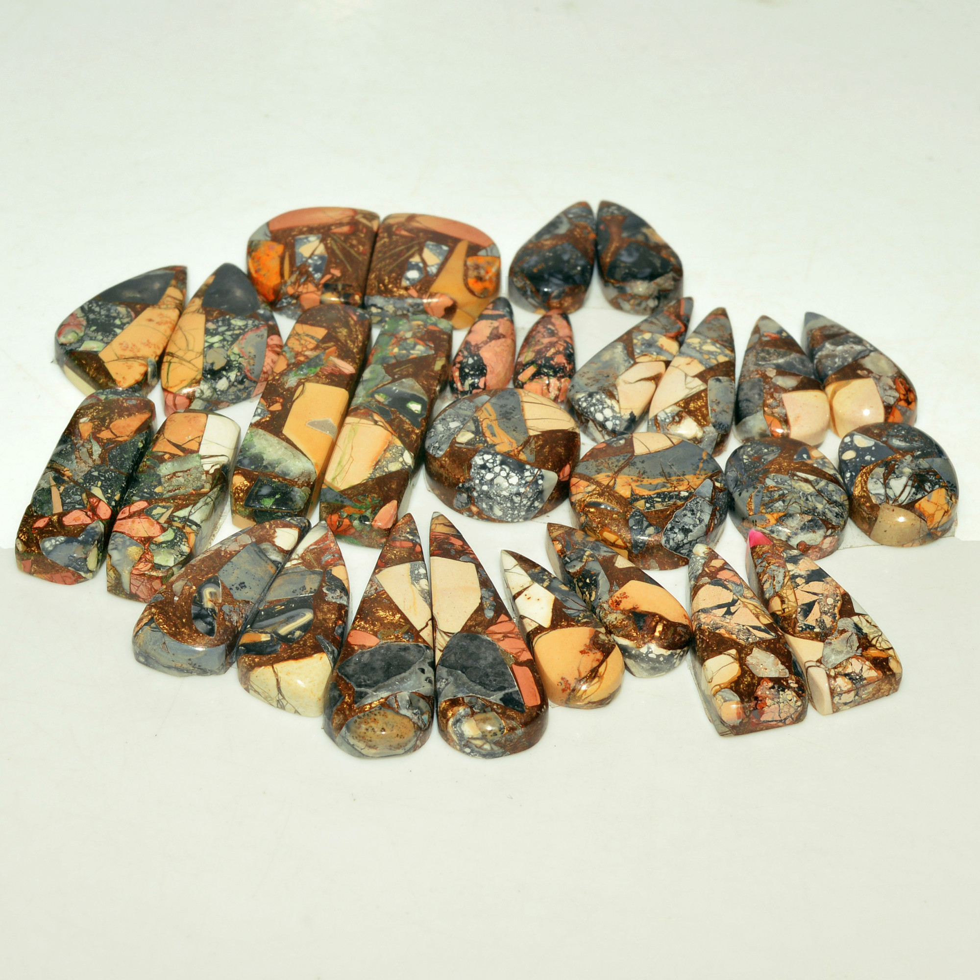 14 Pairs 209 Cts Natural Maligano Jasper Gemstone Cabochon Pair Lot for Silver Earrings 29x8  14x6mm 18906