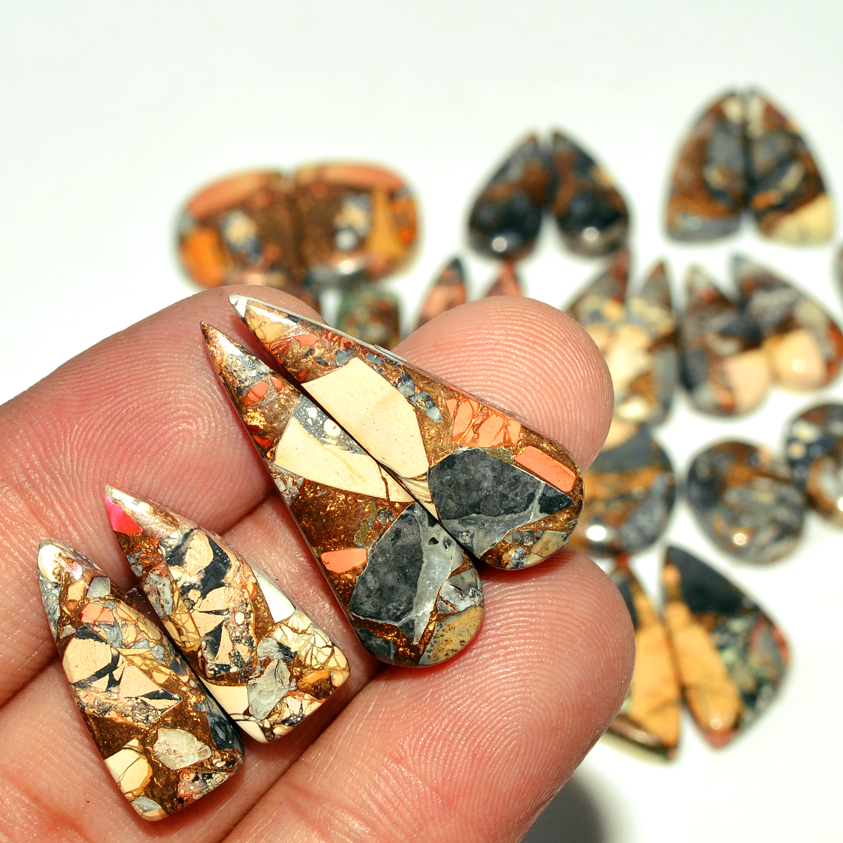 14 Pairs 209 Cts Natural Maligano Jasper Gemstone Cabochon Pair Lot for Silver Earrings 29x8  14x6mm 18906