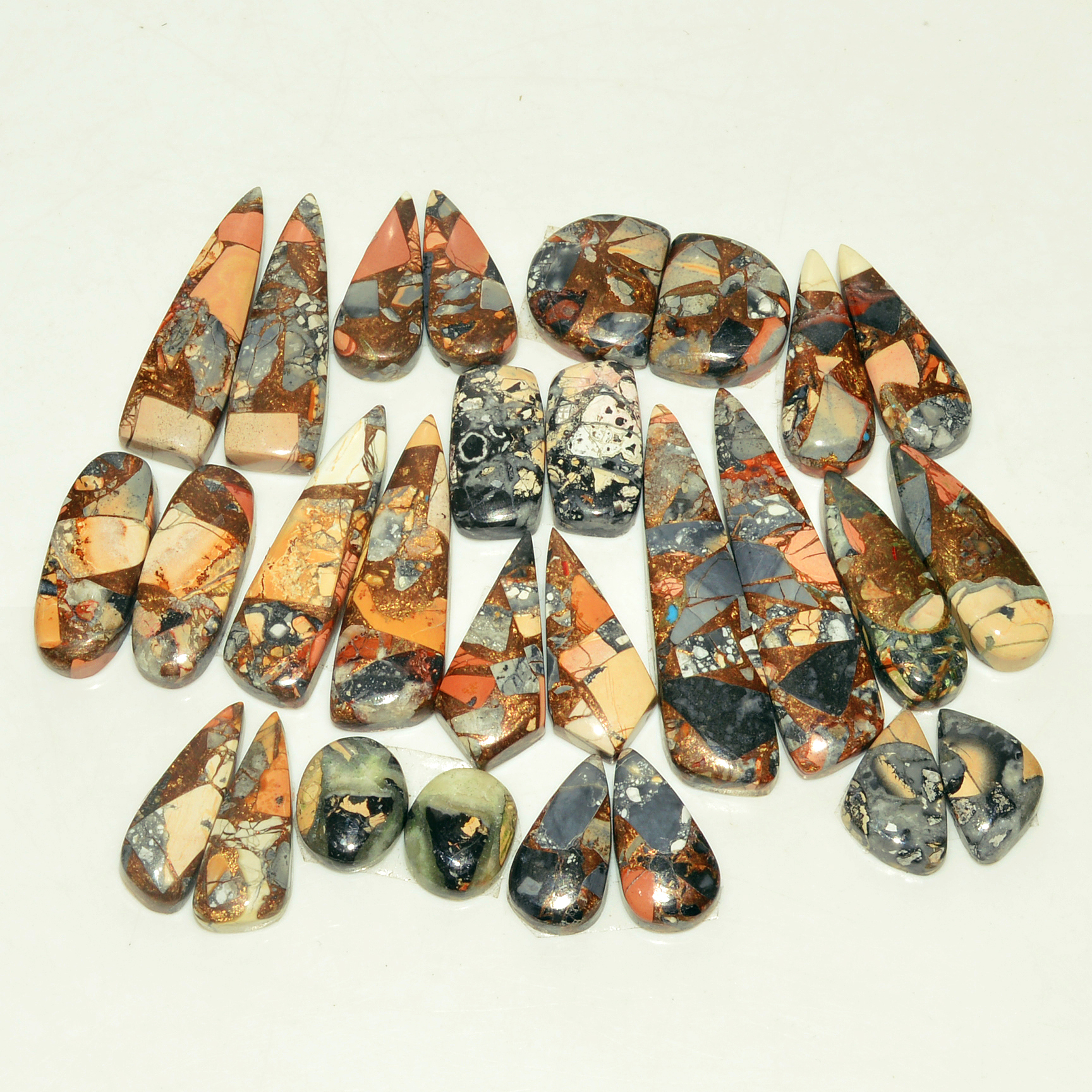 14 Pairs 208 Cts Natural Maligano Jasper Gemstone Cabochon Pair Lot for Silver Earrings 37x9 12x9mm 18907