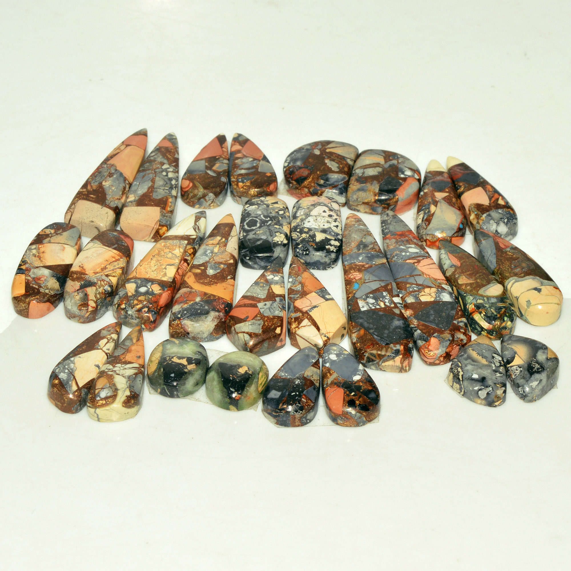 14 Pairs 208 Cts Natural Maligano Jasper Gemstone Cabochon Pair Lot for Silver Earrings 37x9 12x9mm 18907